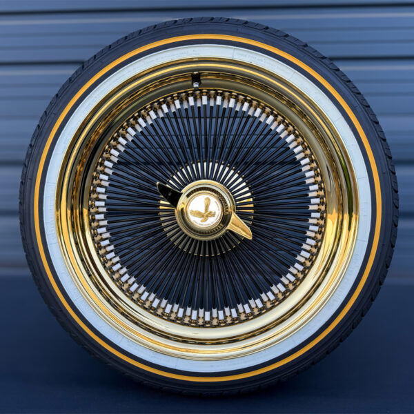 20x8-black-and-gold-wire-wheels-150-spoke-and-vogue-tire-set-white-eagle 20x8 Black Spoke & Gold Lip Standard 150 Spoke Wire Wheels + Vogue Tires Set