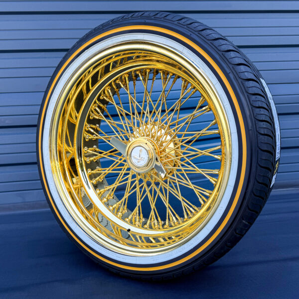 20x8-wire-wheels-standard-all-gold-lip-96-spoke-cross-laced-with-vogue-tires-complete-package-side-view 20x8 all gold wire wheels 96 spoke with cross lace design
