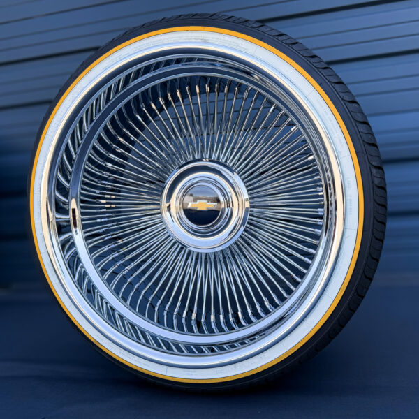 22x10 forged chrome wire wheel front view with vogue tire set