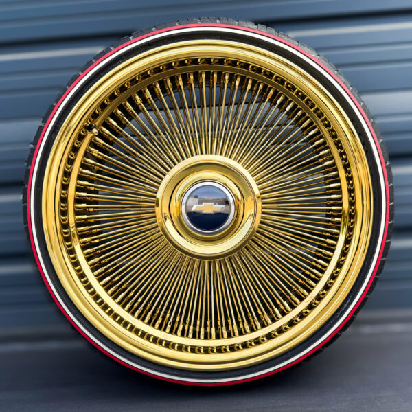 22x9 forged all gold wire wheels with chevy floating cap