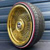 22x9-all-gold-wire-wheels-bolt-on-floating-cap-and-tire-package-side-view 22x9 forged all gold wire wheels with red stripe tires