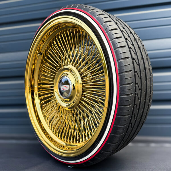 22x9-all-gold-wire-wheels-bolt-on-floating-cap-and-tire-package-side-view 22x9 forged all gold wire wheels with red stripe tires