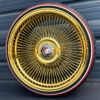 22x9-all-gold-wire-wheels-bolt-on-floating-cap-and-tire-package-with-buick-floating-cap 22x9 Forged All-Gold Wire Wheels & Custom Red Stripe Tire Set