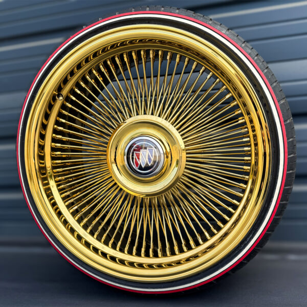 22x9 Forged All-Gold Wire Wheels & Custom Red Stripe Tire Set