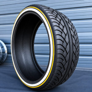 305-30-r26-custom-true-whitewall-and-yellow-stripe-tires-final 305/30R26 custom true whitewall and gold stripe tire - side view