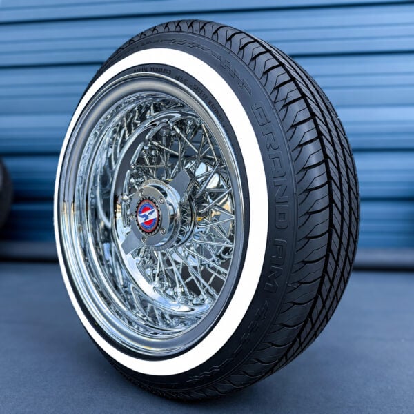 zenith-14x7-reverse-chrome-60-spoke-cross-lace-wire-wheel-and-whitewall-tire-set-side-view 14x7 60 spoke reverse wire wheels and whitewall tire set