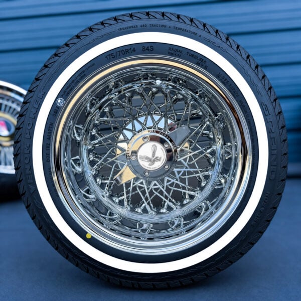 zenith-14x7-reverse-chrome-60-spoke-cross-lace-wire-wheel-and-whitewall-tire-set-white-eagle 14x7 reverse 60 spoke triple cross lace wire wheel with 2-bar knock-off