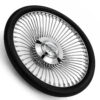 buick-chrome-spoke-steering-wheel-black-grip-angle-view Angled view of Buick 64-spoke chrome wire steering wheel showing triple-plated chrome spokes and engraved emblem