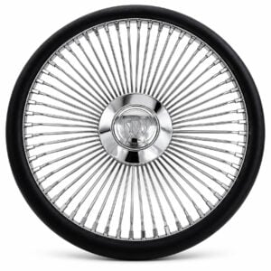 buick-chrome-spoke-steering-wheel-black-grip-front-view Buick 64-spoke chrome wire steering wheel with engraved Buick logo and black grip, front view