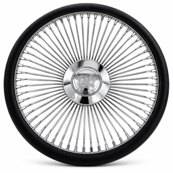 buick-chrome-spoke-steering-wheel-black-grip-front-view Buick 64-spoke chrome wire steering wheel with engraved Buick logo and black grip, front view