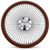 buick-chrome-spoke-steering-wheel-brown-grip-front-view Buick 64-spoke chrome wire steering wheel with engraved Buick logo and brown grip