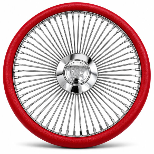 buick-chrome-spoke-steering-wheel-red-grip-front-view Buick 64-spoke chrome wire steering wheel with engraved Buick logo and red grip