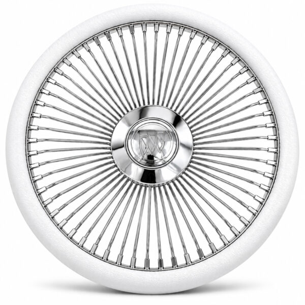 buick-chrome-spoke-steering-wheel-white-grip-front-view Buick 64-Spoke Chrome Wire Steering Wheel – Floating Center Cap