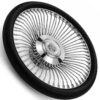 cadillac-chrome-spoke-steering-wheel-black-grip-angle-view Angled Cadillac 64-spoke chrome wire steering wheel featuring triple-plated chrome and engraved Cadillac crest