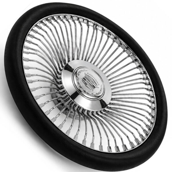 cadillac-chrome-spoke-steering-wheel-black-grip-angle-view Angled Cadillac 64-spoke chrome wire steering wheel featuring triple-plated chrome and engraved Cadillac crest