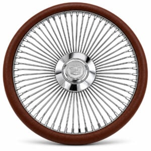 cadillac-chrome-spoke-steering-wheel-brown-grip-front-view Cadillac 64-spoke chrome wire steering wheel with engraved Cadillac crest and brown grip, front view