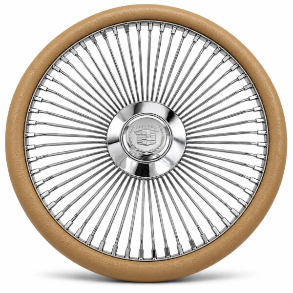 cadillac-chrome-spoke-steering-wheel-khaki-grip-front-view Cadillac 64-spoke chrome wire steering wheel with engraved Cadillac crest and khaki grip