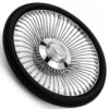 chevy-chrome-spoke-steering-wheel-black-grip-angle-view Angled view of Chevrolet 64-spoke chrome wire steering wheel showing engraved bowtie emblem and polished spokes