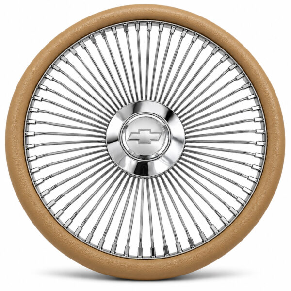 chevy-chrome-spoke-steering-wheel-khaki-grip-front-view Chevrolet 64-spoke chrome wire steering wheel with engraved Chevy bowtie logo and khaki grip