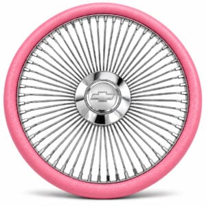 chevy-chrome-spoke-steering-wheel-pink-grip-front-view Chevrolet 64-spoke chrome wire steering wheel with engraved Chevy bowtie logo and pink grip, front view