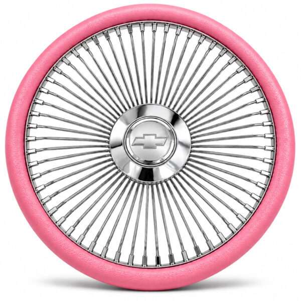 chevy-chrome-spoke-steering-wheel-pink-grip-front-view Chevrolet 64-spoke chrome wire steering wheel with engraved Chevy bowtie logo and pink grip, front view
