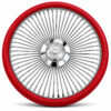 chevy-chrome-spoke-steering-wheel-red-grip-front-view Chevrolet 64-spoke chrome wire steering wheel with engraved Chevy bowtie logo and red grip