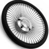 chevy-impala-chrome-spoke-steering-wheel-black-grip-angle-view Angled view of Impala 64-spoke chrome wire steering wheel showing engraved Impala emblem and black textured grip