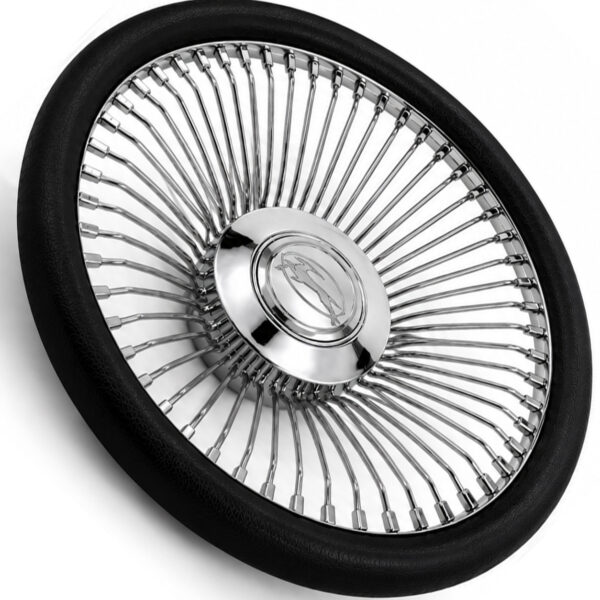 chevy-impala-chrome-spoke-steering-wheel-black-grip-angle-view Angled view of Impala 64-spoke chrome wire steering wheel showing engraved Impala emblem and black textured grip