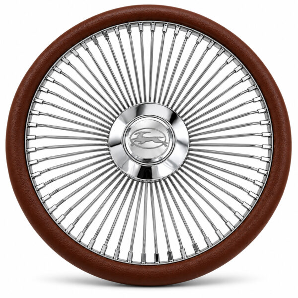 chevy-impala-chrome-spoke-steering-wheel-brown-grip-front-view Impala 64-spoke chrome wire steering wheel with engraved Impala emblem and brown grip