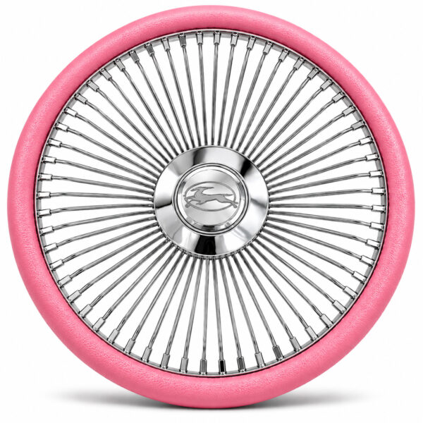 chevy-impala-chrome-spoke-steering-wheel-pink-grip-front-view Impala 64-spoke chrome wire steering wheel with engraved Impala emblem and pink grip