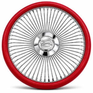 chevy-impala-chrome-spoke-steering-wheel-red-grip-front-view Impala 64-spoke chrome wire steering wheel with engraved Impala emblem and red grip, front view
