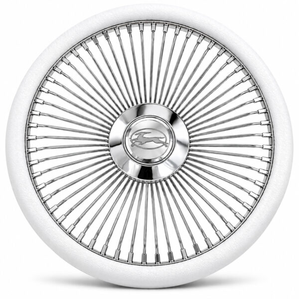 chevy-impala-chrome-spoke-steering-wheel-white-grip-front-view Chevy Impala 64-Spoke Chrome Wire Steering Wheel – Floating Center Cap