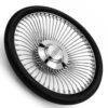 lincoln-chrome-spoke-steering-wheel-black-grip-angle-view Angled view of Lincoln 64-spoke chrome wire steering wheel featuring polished chrome spokes and engraved Lincoln logo