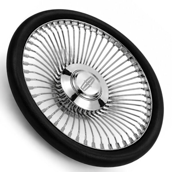 lincoln-chrome-spoke-steering-wheel-black-grip-angle-view Angled view of Lincoln 64-spoke chrome wire steering wheel featuring polished chrome spokes and engraved Lincoln logo