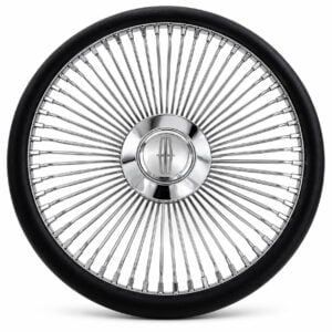 lincoln-chrome-spoke-steering-wheel-black-grip-front-view Lincoln 64-spoke chrome wire steering wheel with engraved Lincoln emblem and black grip, front view