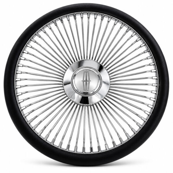 lincoln-chrome-spoke-steering-wheel-black-grip-front-view Lincoln 64-spoke chrome wire steering wheel with engraved Lincoln emblem and black grip, front view
