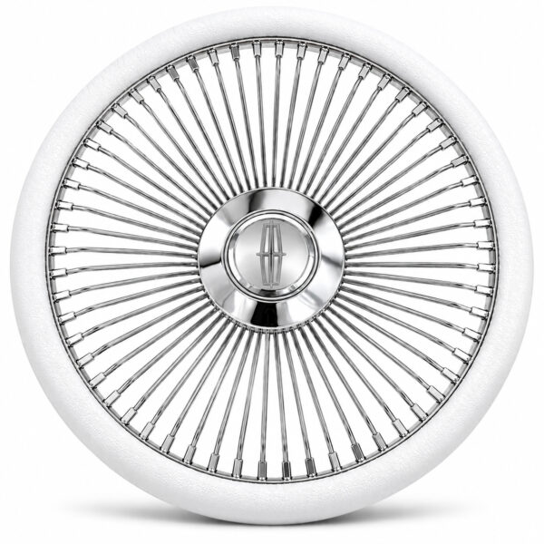lincoln-chrome-spoke-steering-wheel-white-grip-front-view Lincoln 64-spoke chrome wire steering wheel with engraved Lincoln emblem and white grip