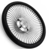 oldsmobile-chrome-spoke-steering-wheel-black-grip-angle-view Angled view of Oldsmobile 64-spoke chrome wire steering wheel showing polished chrome spokes and engraved emblem
