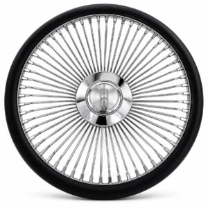 oldsmobile-chrome-spoke-steering-wheel-black-grip-front-view Oldsmobile 64-spoke chrome wire steering wheel with engraved Oldsmobile logo and black grip