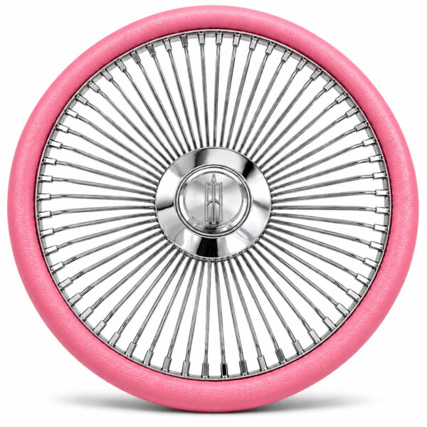 oldsmobile-chrome-spoke-steering-wheel-pink-grip-front-view Oldsmobile 64-spoke chrome wire steering wheel with engraved Oldsmobile logo and pink grip