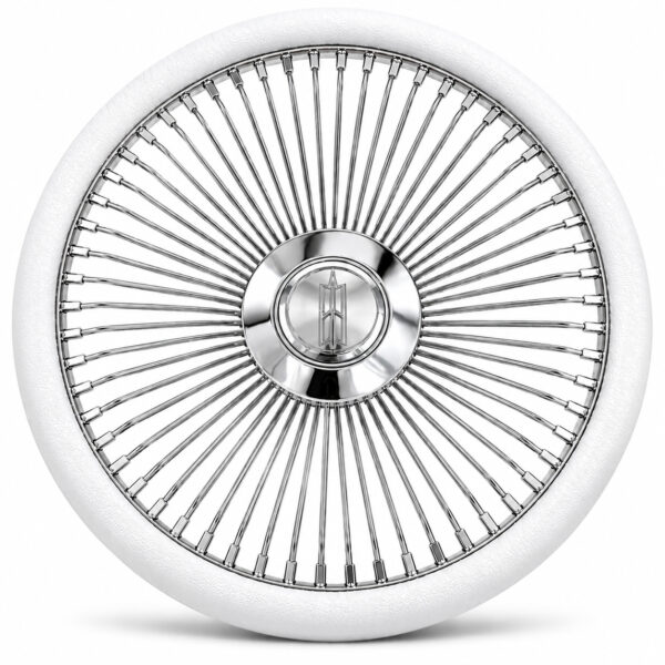 oldsmobile-chrome-spoke-steering-wheel-white-grip-front-view Oldsmobile 64-spoke chrome wire steering wheel with engraved Oldsmobile logo and white grip, front view